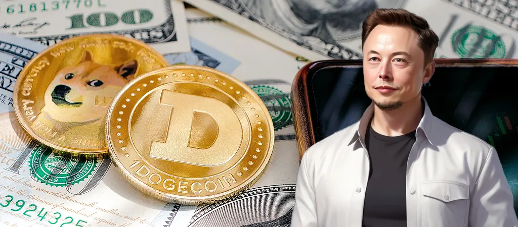 Elon Musk arcképe Dogecoin érmékkel és amerikai dollárokkal a háttérben, utalva a Dogecoin és Musk közötti kapcsolat népszerűségére és piaci hatására.
