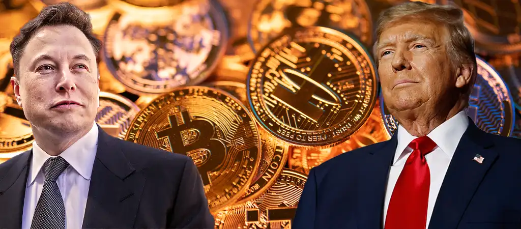 Elon Musk és Donald Trump kriptovaluta háttér előtt. Bitcoin és altcoin piac növekedése Trump győzelme után.