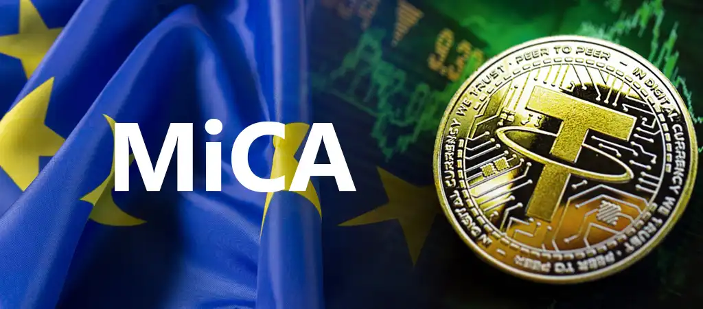 MiCA szabályozás az EU-ban, a kriptovaluták jogi keretrendszere az európai piacon, EU zászlóval és kriptovaluta érmével illusztrálva.