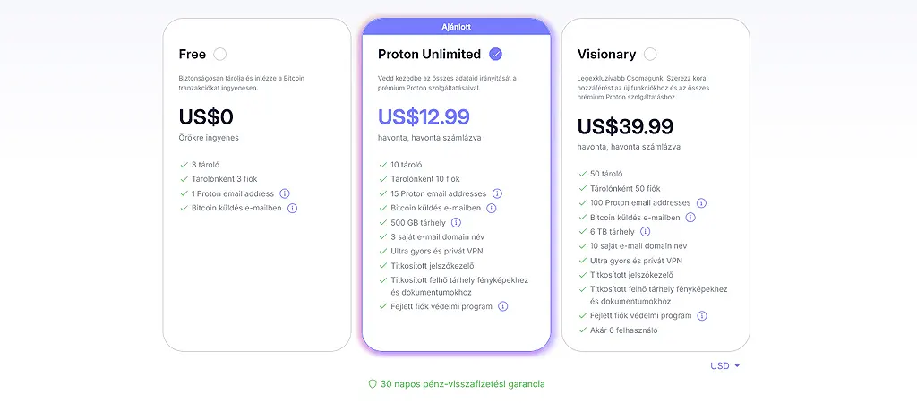 Proton Wallet előfizetési lehetőségek, ingyenes és prémium Bitcoin tárca csomagok összehasonlítása.