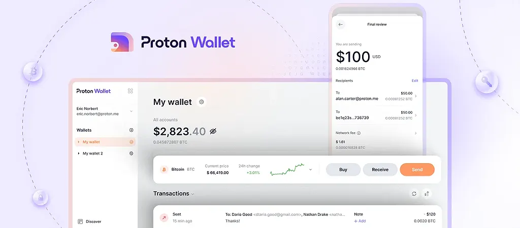 Proton Wallet digitális pénztárca felhasználói felülete. Bitcoin tárolás, küldés és fogadás egyszerűen.