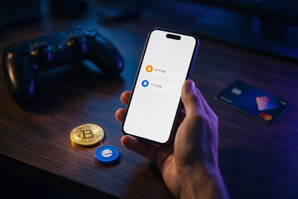 Okostelefon kriptotárca-alkalmazással, Bitcoin- és stablecoin-egyenleggel, mellette arany Bitcoin érme, kék stablecoin token és játékkontroller egy sötét asztalon