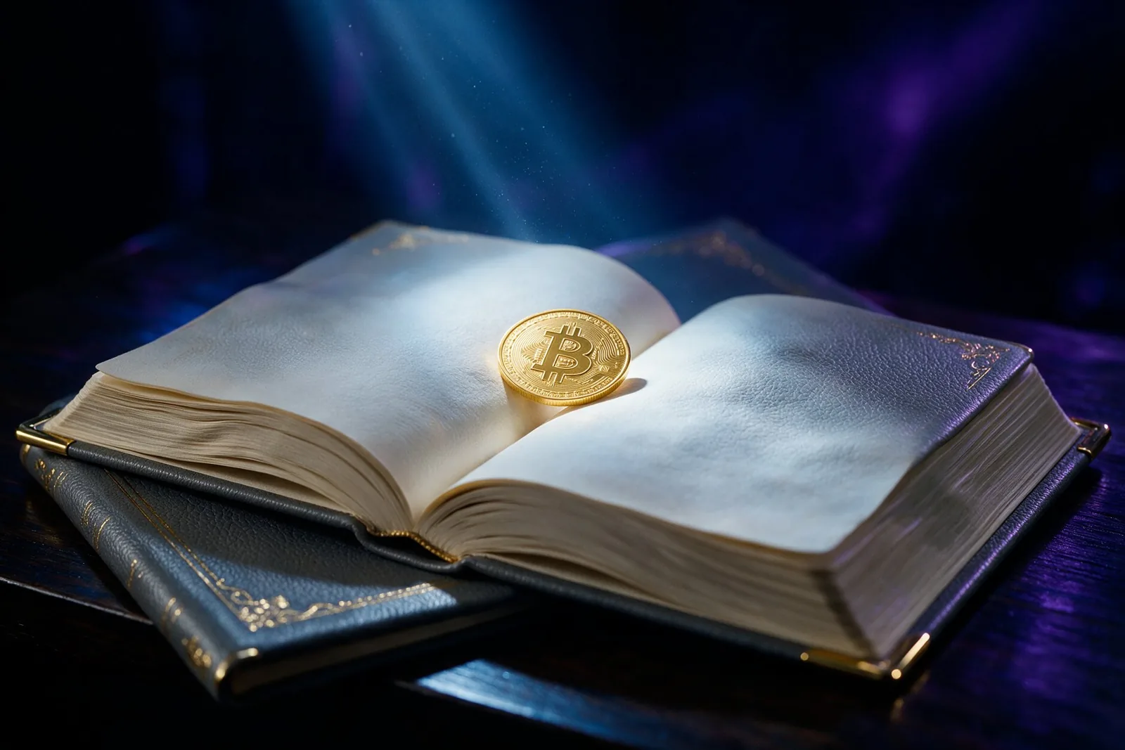 Nyitott könyv egy arany bitcoin érmével a lapjain