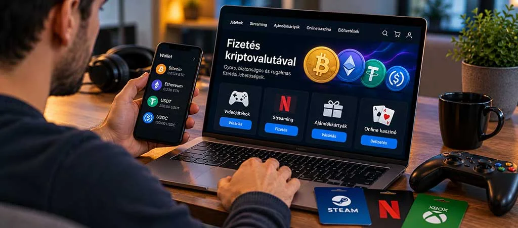 Kriptotárca és digitális fizetési felület egy modern asztalon, videojátékos eszközök mellett, Bitcoin és stablecoin fizetés szemléltetésére